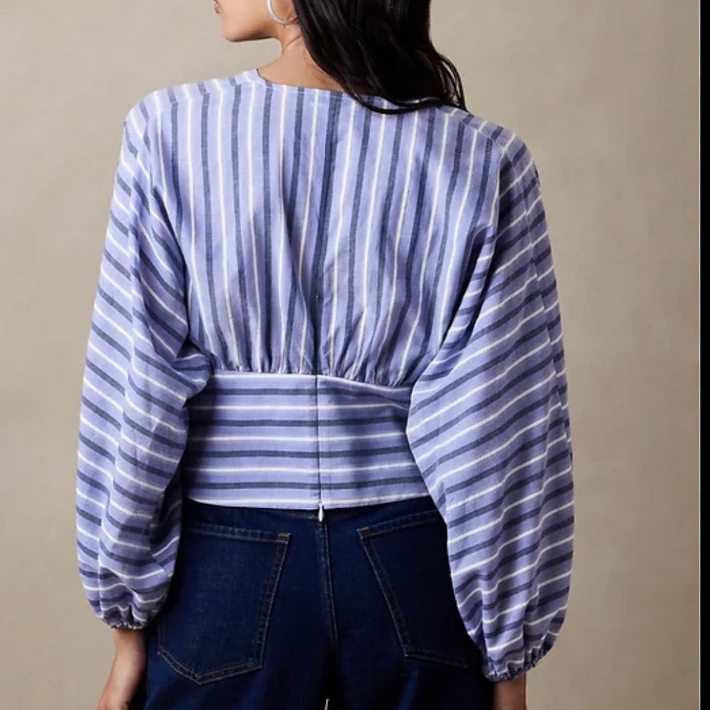 Banana Republic Blue Striped Cropped‎ Shirred Blouse V-Neck S - Picture 2 of 8